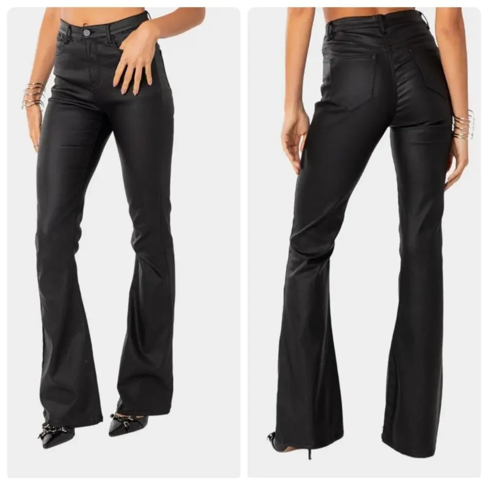 Edikted Medium High-rise Black Coated Faux Leather Flare And Stretchy Pants - Picture 1 of 12